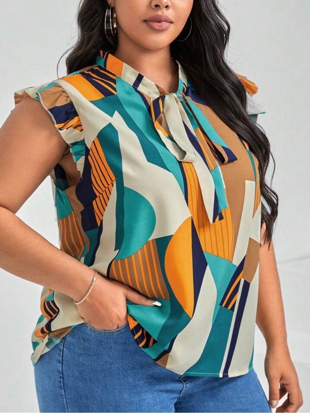 SHEIN Teal, Mustard & Navy Geometric Tie-Neck Camisole